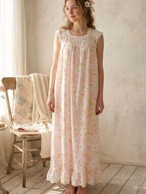 Vtg 70s Floral Cotton Granny Nightgown Lace Ruffle Yoke S